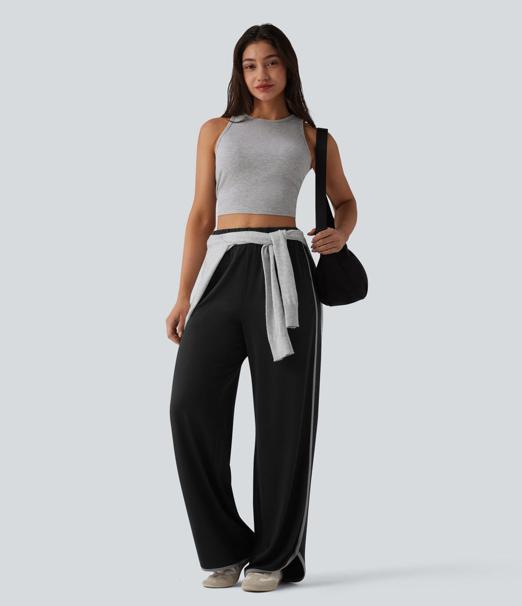 Pantalon large casual color block taille haute à ourlet arrondi avec poches