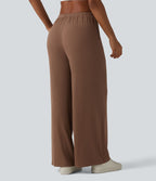 Pantalon large casual en maille côtelée extensible taille mi-haute avec cordon de serrage et poches