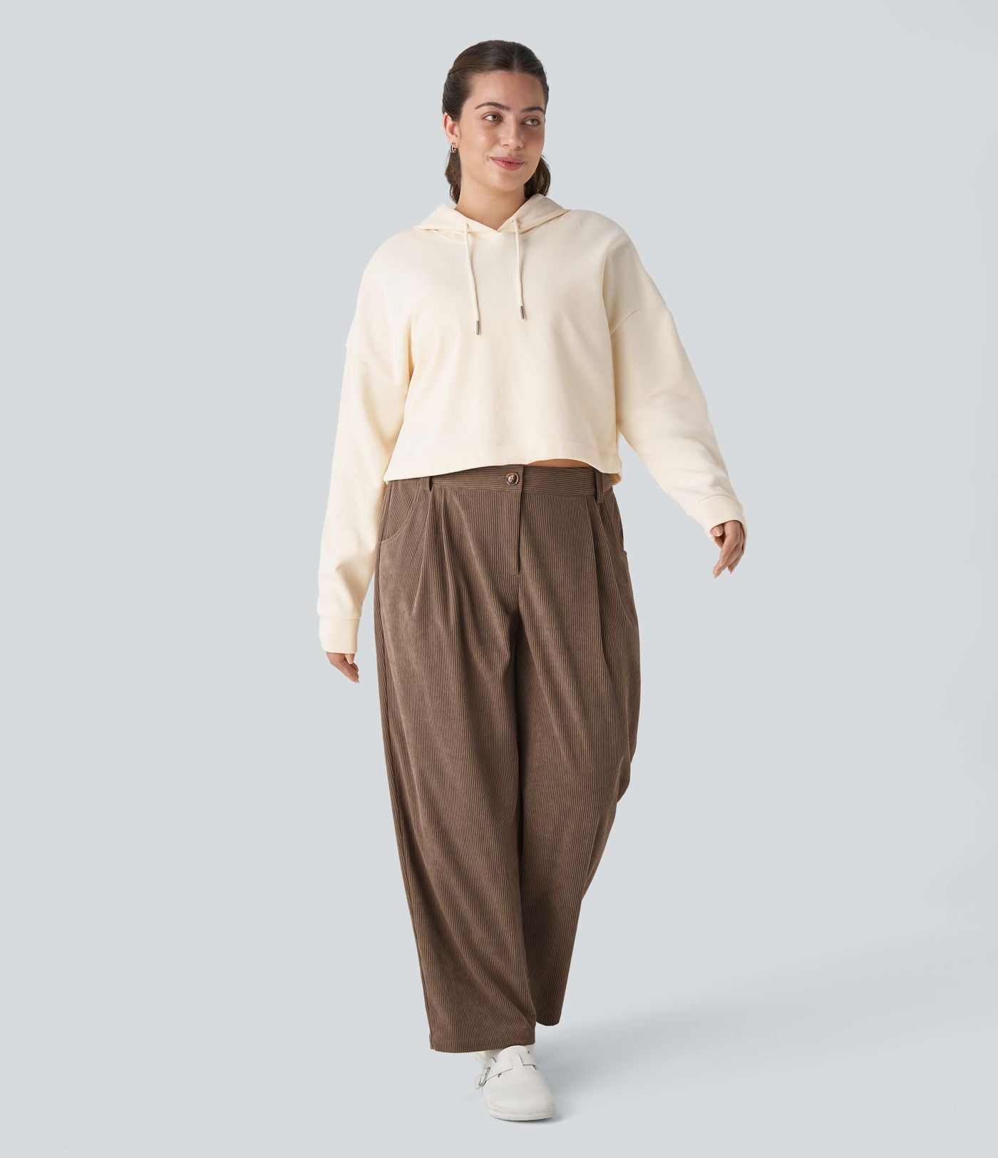Pantalon Casual Grande Taille Velours Côtelé Taille Mi-haute Boutonnés Fermeture Éclair Poches Latérales