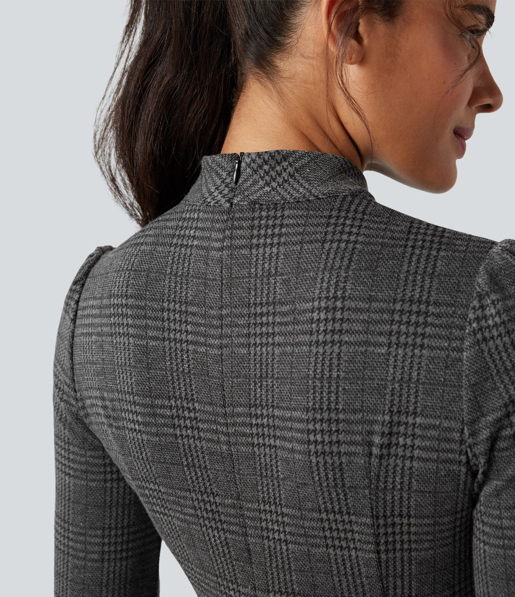 Robe courte col montant manches longues pied-de-poule carreaux