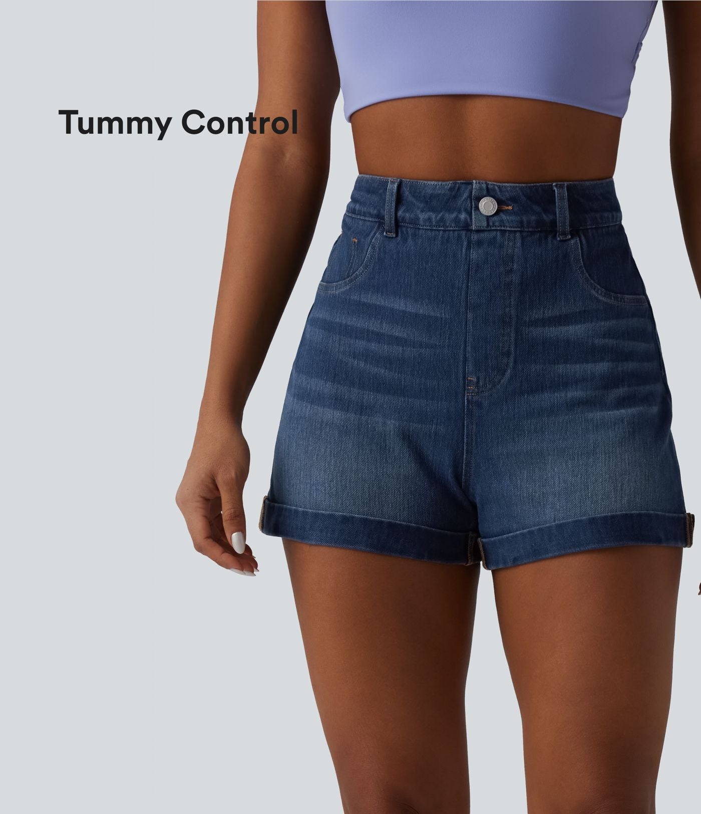 Short denim décontracté Halara Flex™ gainant taille haute ourlet roulotté avec poches