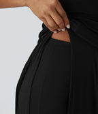 Robe Casual Midi 2 Pièces Capuche Col Montant Sans Manches Fendue avec Découpe Dos Nœud Côtelée
