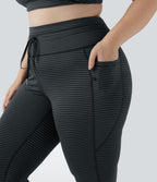 Legging yoga grande taille taille haute avec cordon de serrage à rayures avec poches