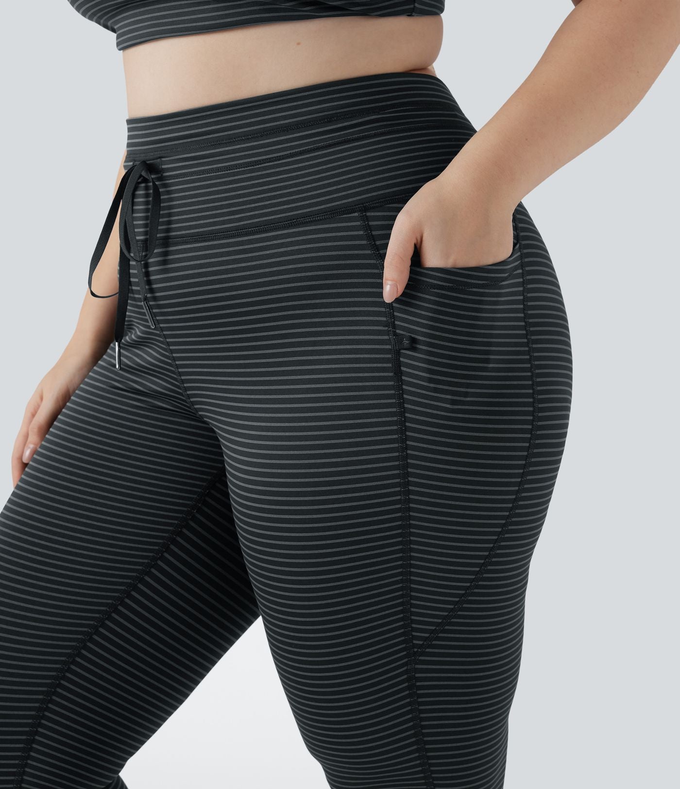 Legging yoga grande taille taille haute avec cordon de serrage à rayures avec poches