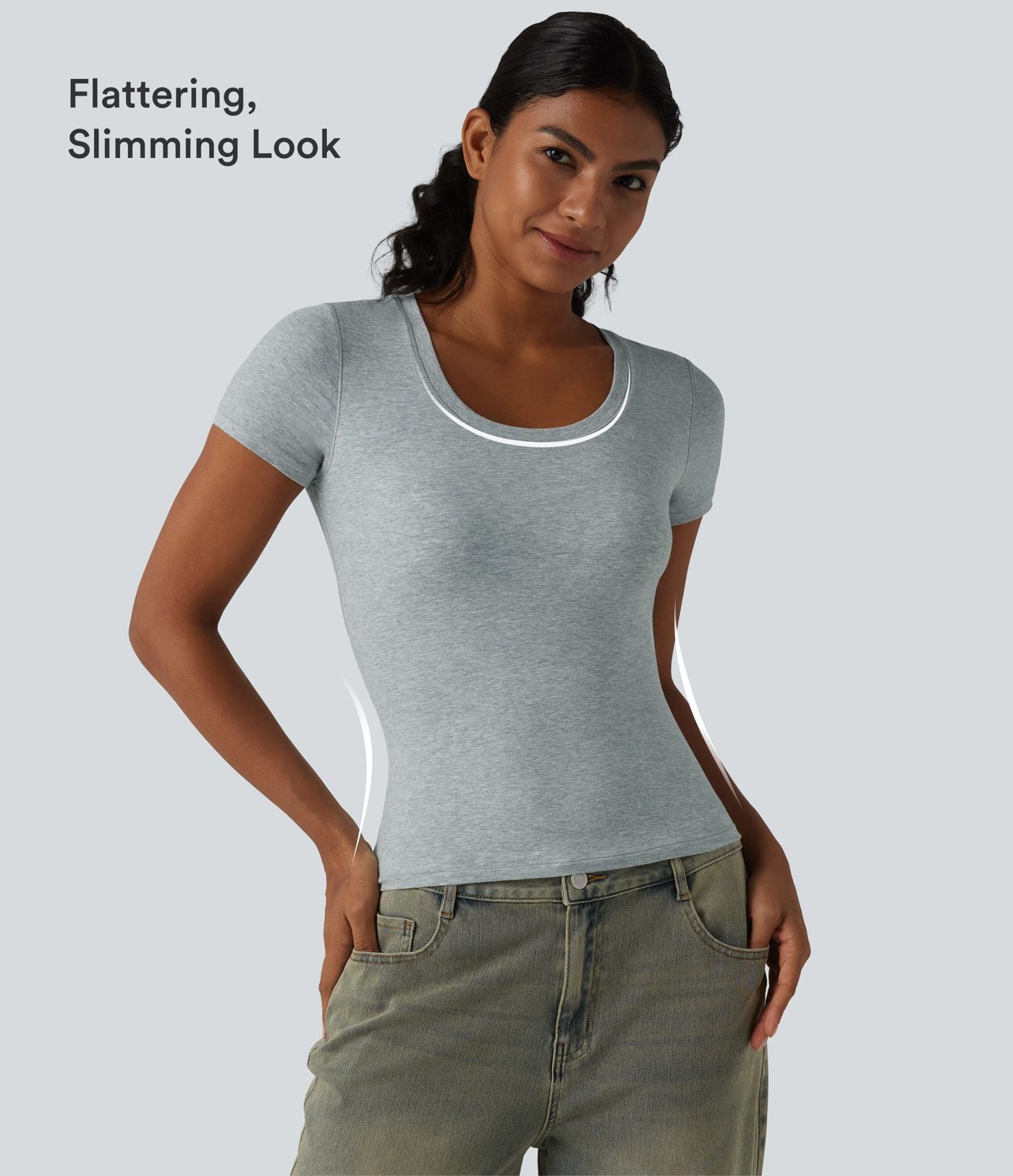 Halara T-shirt en jersey de coton col rond échancré manches courtes avec soutien-gorge intégré bonnets B-DD
