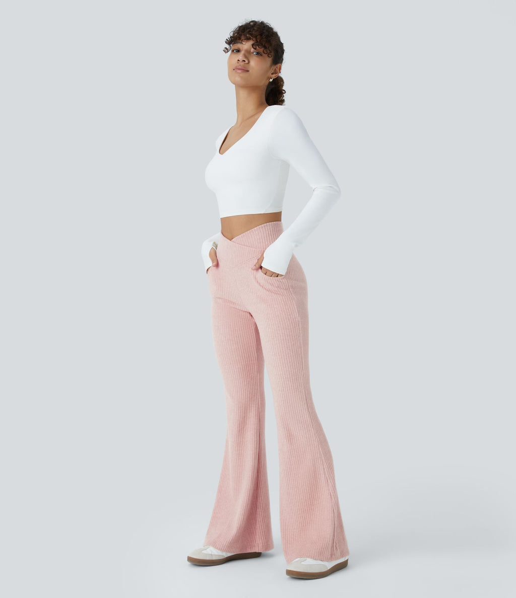 Pantalon Taille Haute Casual Évasés en Tricot Côtelé avec Poches Latérales et Croisé