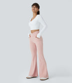 Pantalon Taille Haute Casual Évasés en Tricot Côtelé avec Poches Latérales et Croisé