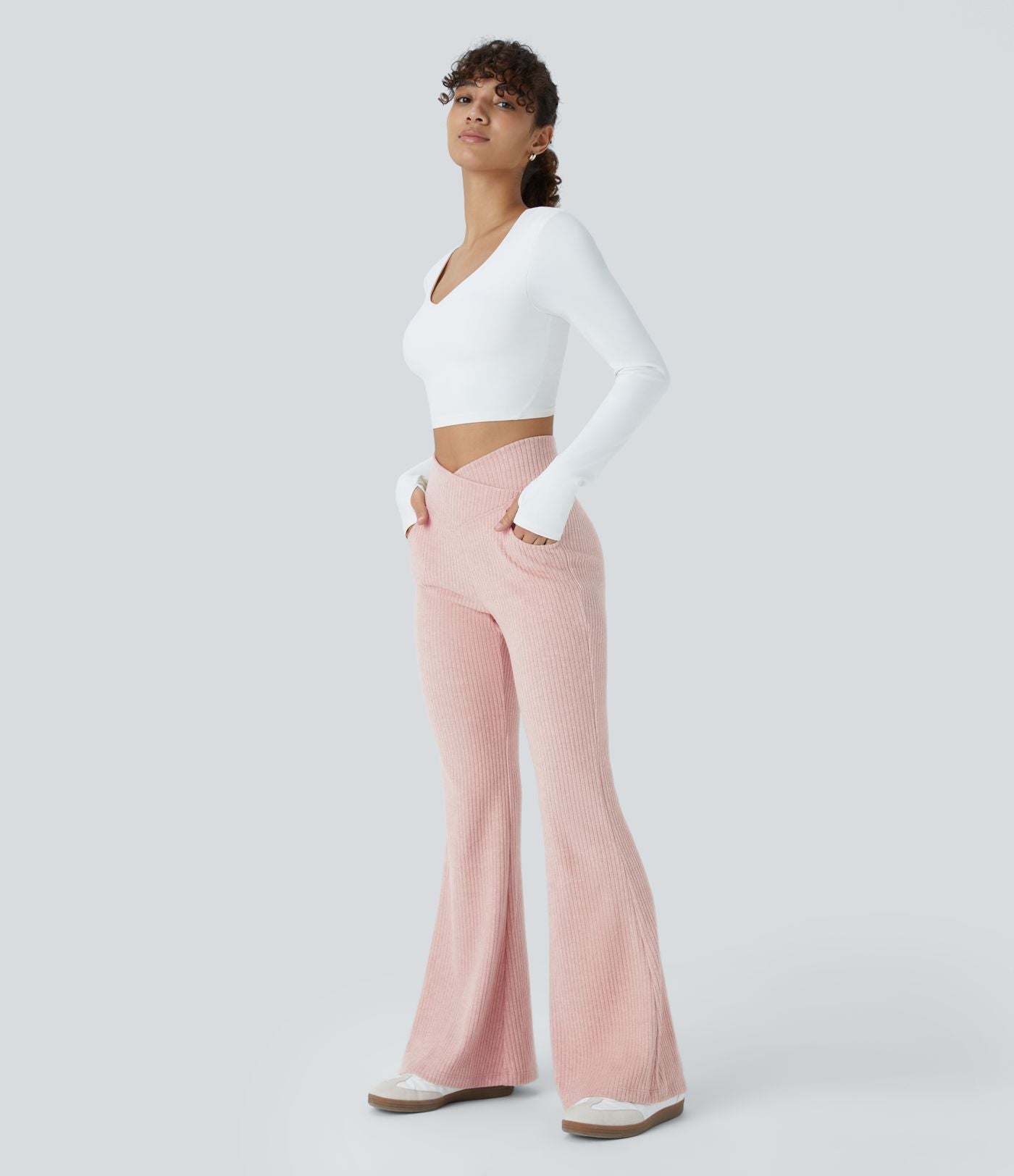 Pantalon Taille Haute Casual Évasés en Tricot Côtelé avec Poches Latérales et Croisé