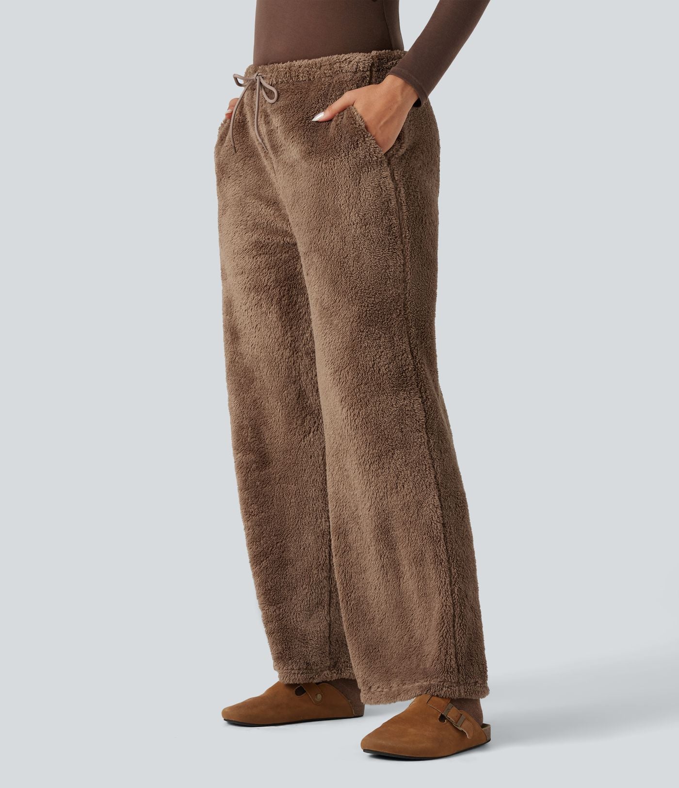 Pantalon coupe droite teddy taille mi-haute avec cordon de serrage et poches