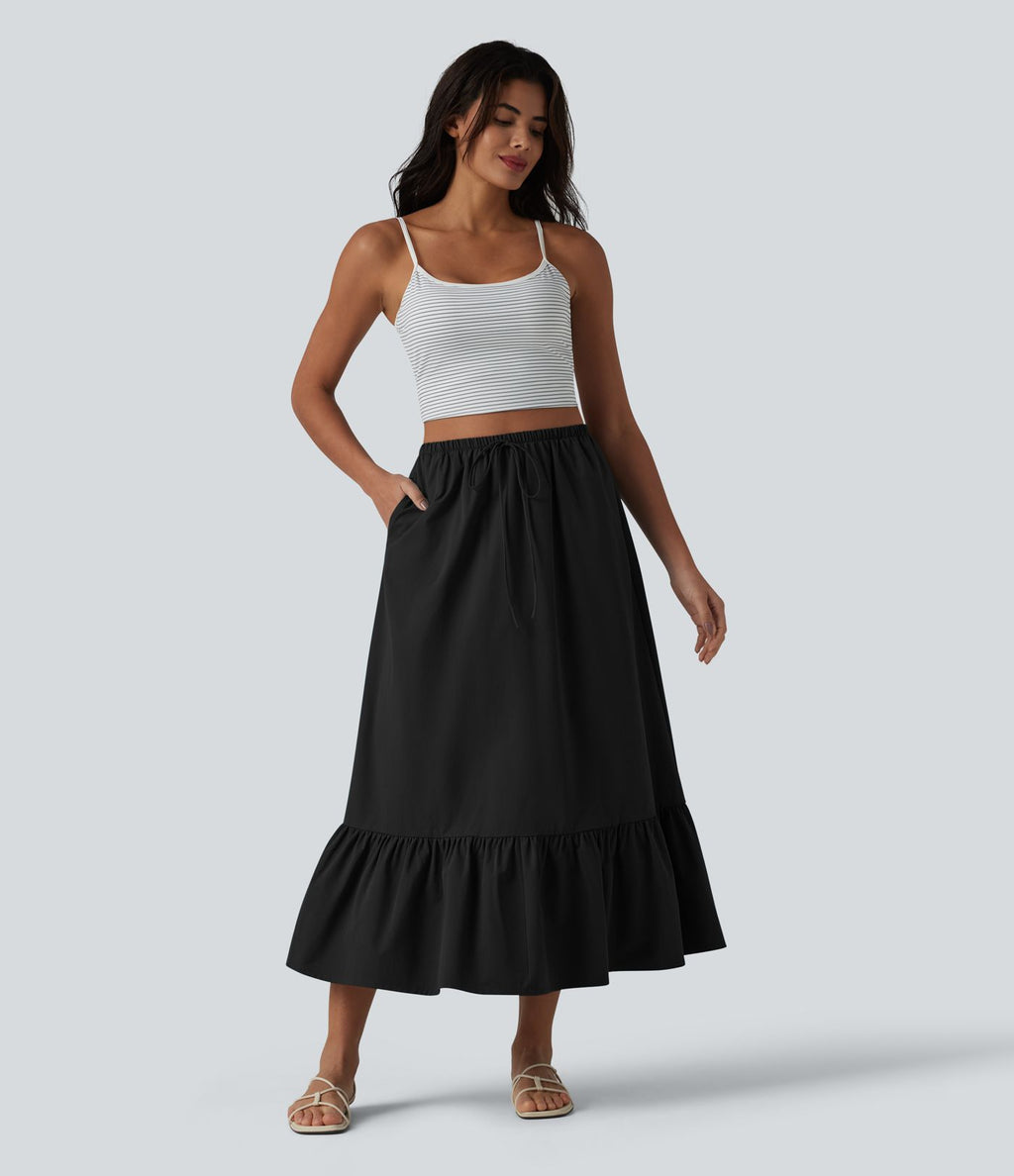 Jupe casual mi-longue évasée en popeline stretch taille haute avec cordon de serrage, ourlet volanté et poches
