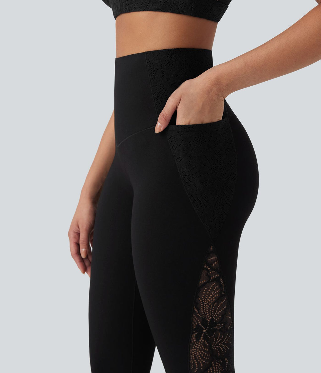 Legging d'entraînement gainant taille haute avec détails dentelle contrastée et poches Halara UltraSculpt™