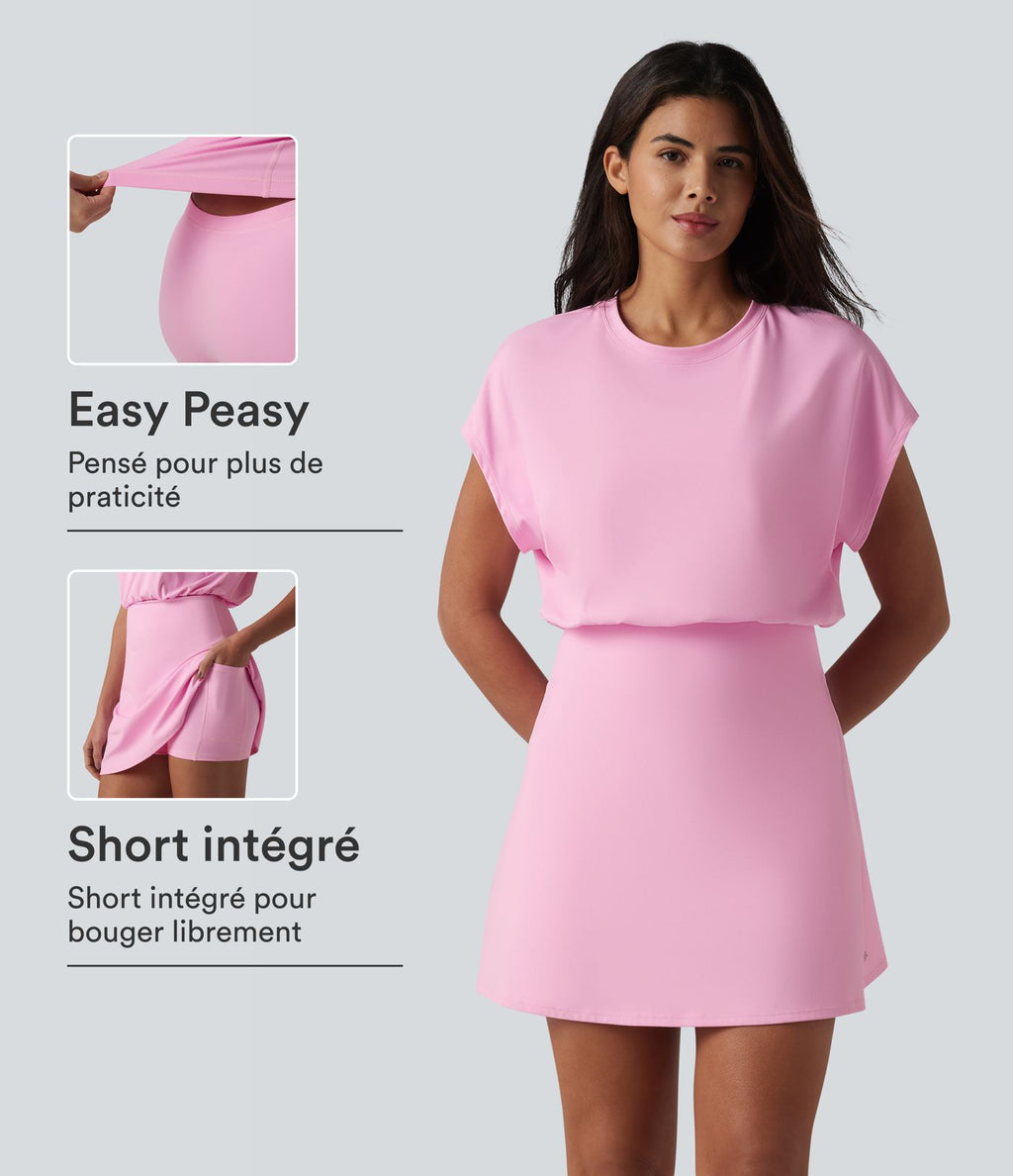 Robe de sport mini de yoga SoftlyZero™ Airy 2-en-1 effet frais InstantCool col rond à manches courtes, demi-zip et poches, accès facile Easy Peasy