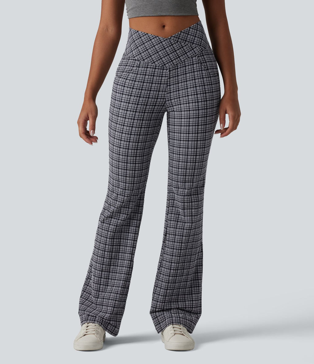 Pantalon évasé taille haute croisée ventre plat à carreaux en tissu froissé séchage rapide avec poches