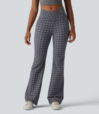 Pantalon évasé taille haute croisée ventre plat à carreaux en tissu froissé séchage rapide avec poches