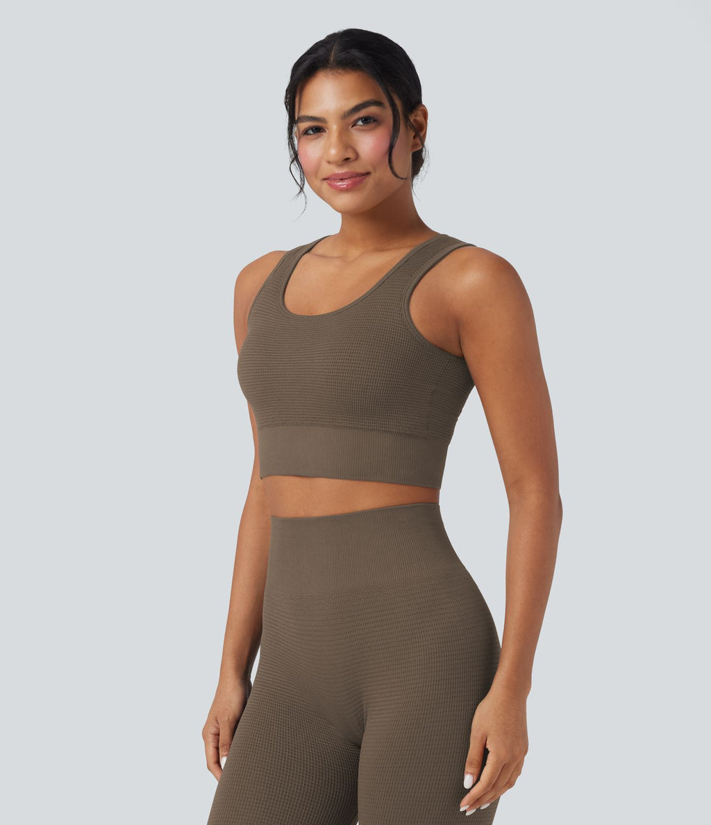 Brassière de sport yoga courte maintien léger col U en maille gaufrée sans couture OneForm Seamless Flow