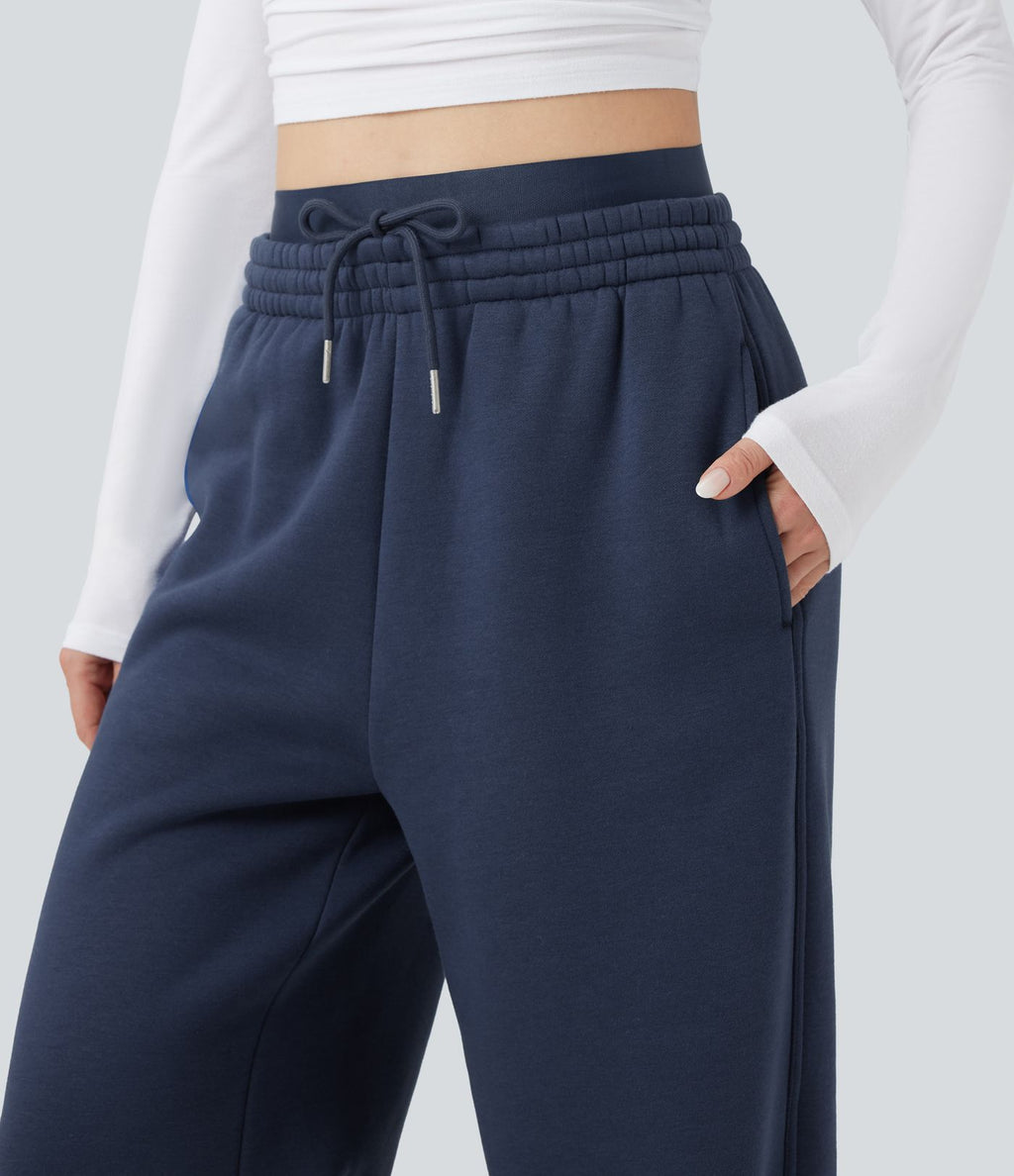 Pantalon jogging en coton molleton large taille haute avec cordon et poches