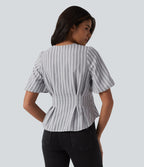 Blouse casual à rayures col V et manches bouffantes mi-longues