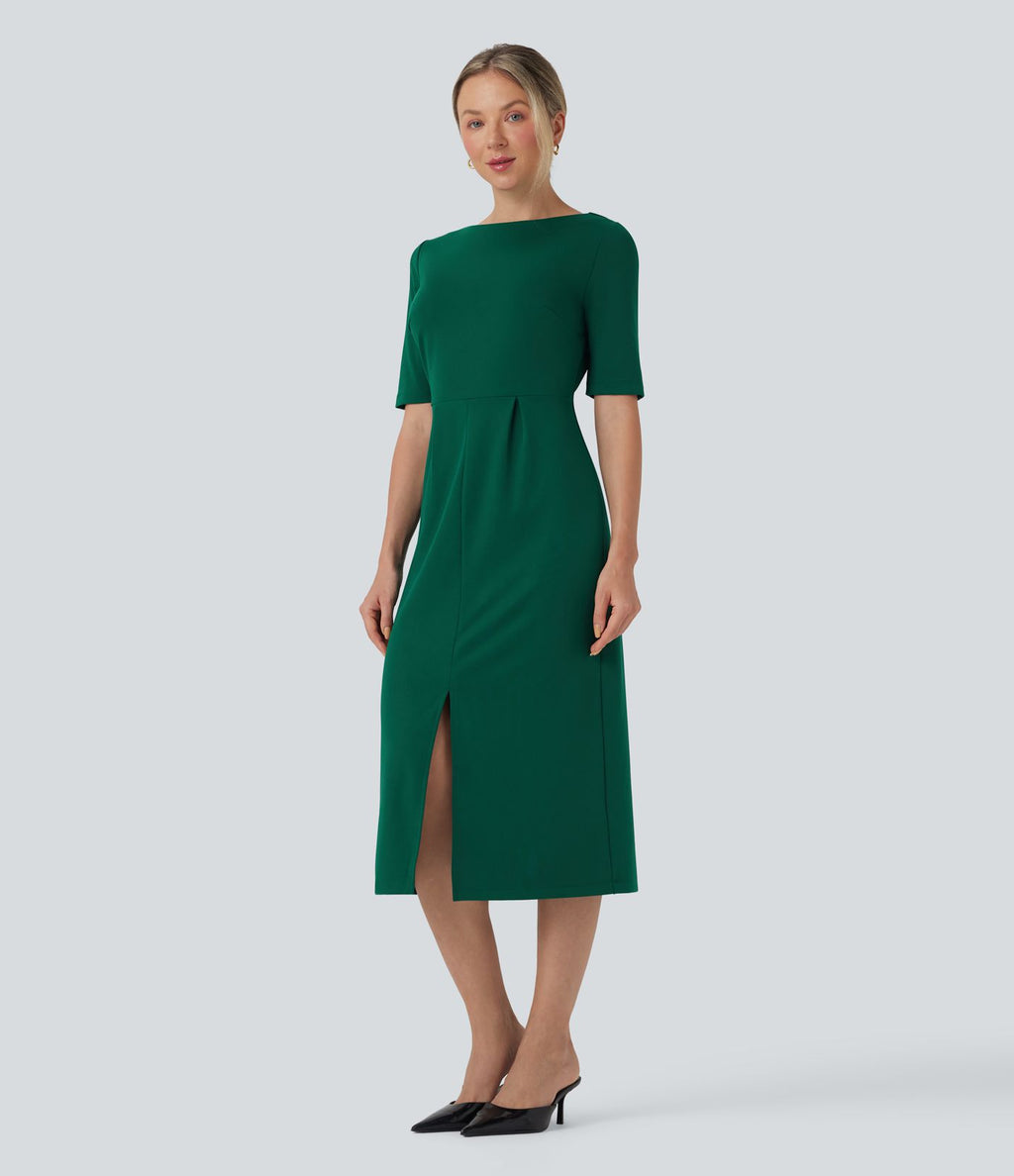 Robe tailleur décolleté arrondi manches courtes avec fente