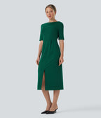 Robe tailleur décolleté arrondi manches courtes avec fente