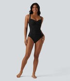 Maillot de bain une pièce gainant push-up col Queen Anne bretelles ajustables torsadé froncé