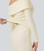 Combinaison décontractée évasée maille côtelée épaules dénudées ceinture rabattable manches longues avec poches - Édition Easy Peasy