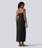 Robe longue estivale col licou dos nu avec lien soutien-gorge intégré aspect lin avec poches