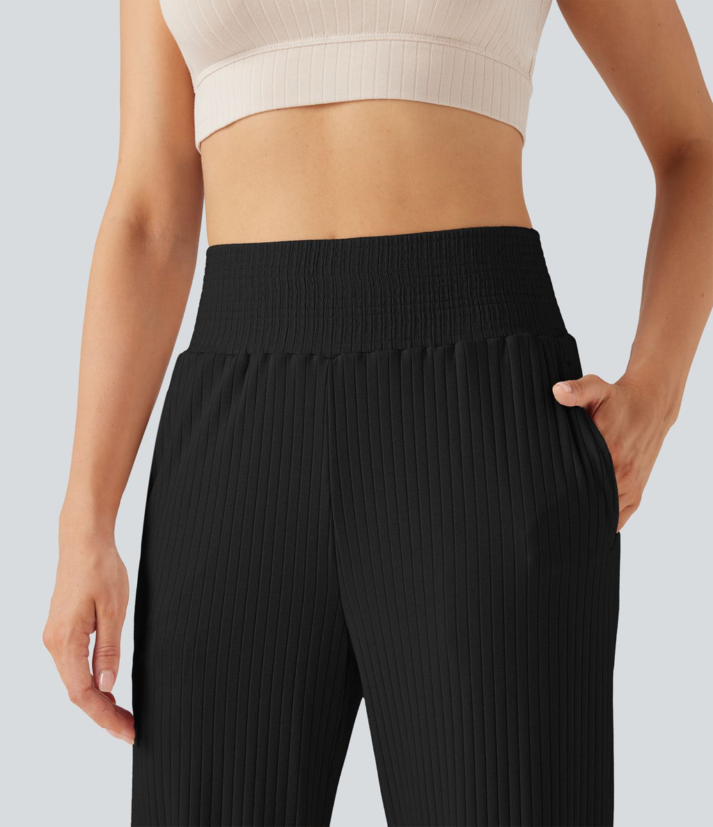 Pantalon décontracté maille côtelée taille haute avec poches