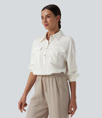 Chemise décontractée en lin col ourlet arrondi manches longues boutonnée avec poches