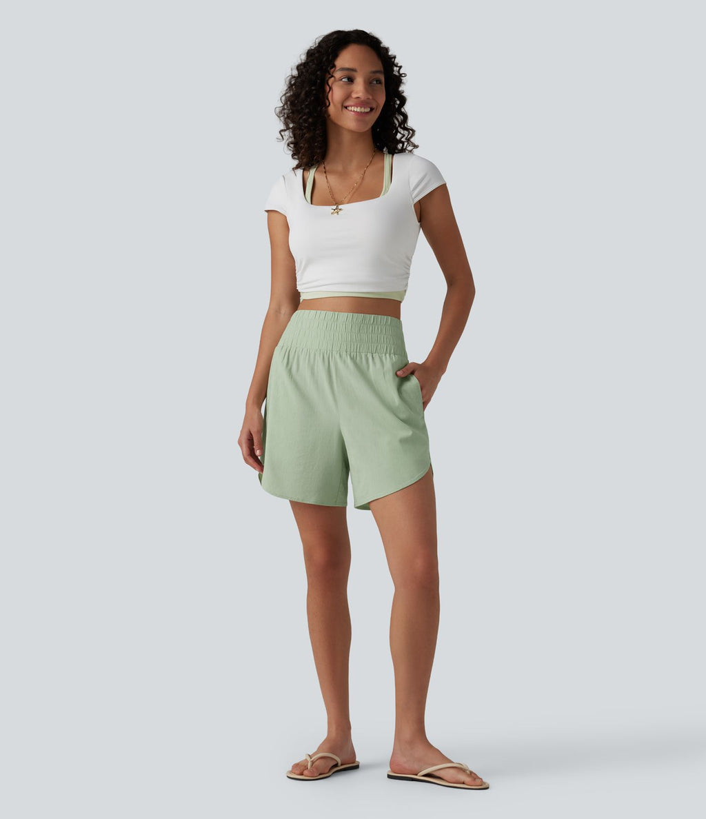Short décontracté en lin extensible taille haute ourlet arrondi 12,5 cm avec poches