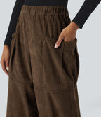 Pantalon décontracté en velours côtelé, taille haute, avec poches