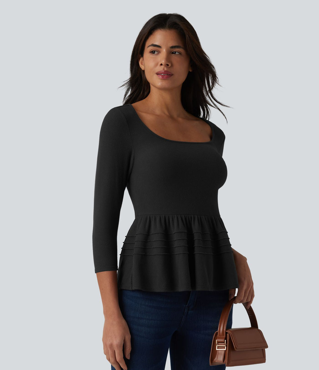Haut babydoll décontracté en maille côtelée col en U manches 3/4