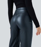 Pantalon similicuir évasé gainant taille haute stretch avec poches