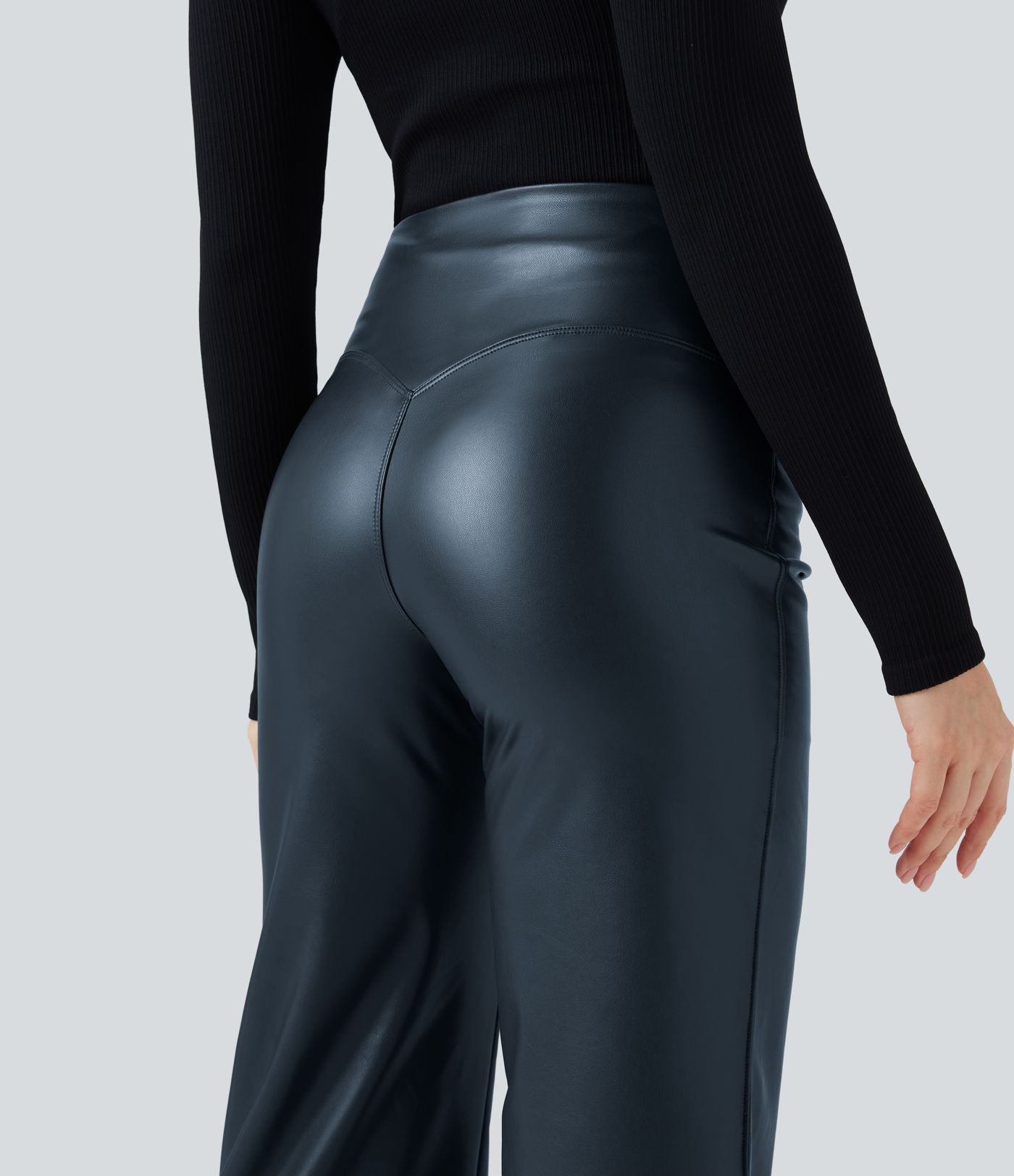 Pantalon similicuir évasé gainant taille haute stretch avec poches