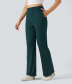 Pantalon décontracté évasé maille gaufrée taille haute avec poches