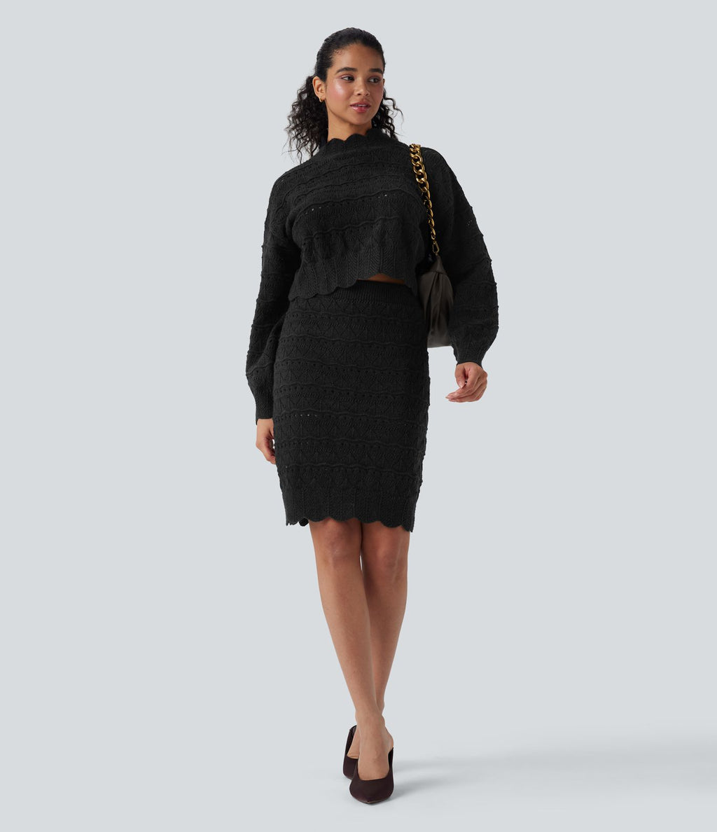 Jupe-pull décontractée 2-en-1 maille ajourée longueur genou taille haute avec poches