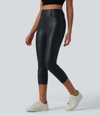 Legging corsaire casual taille haute extensible en simili cuir avec poches