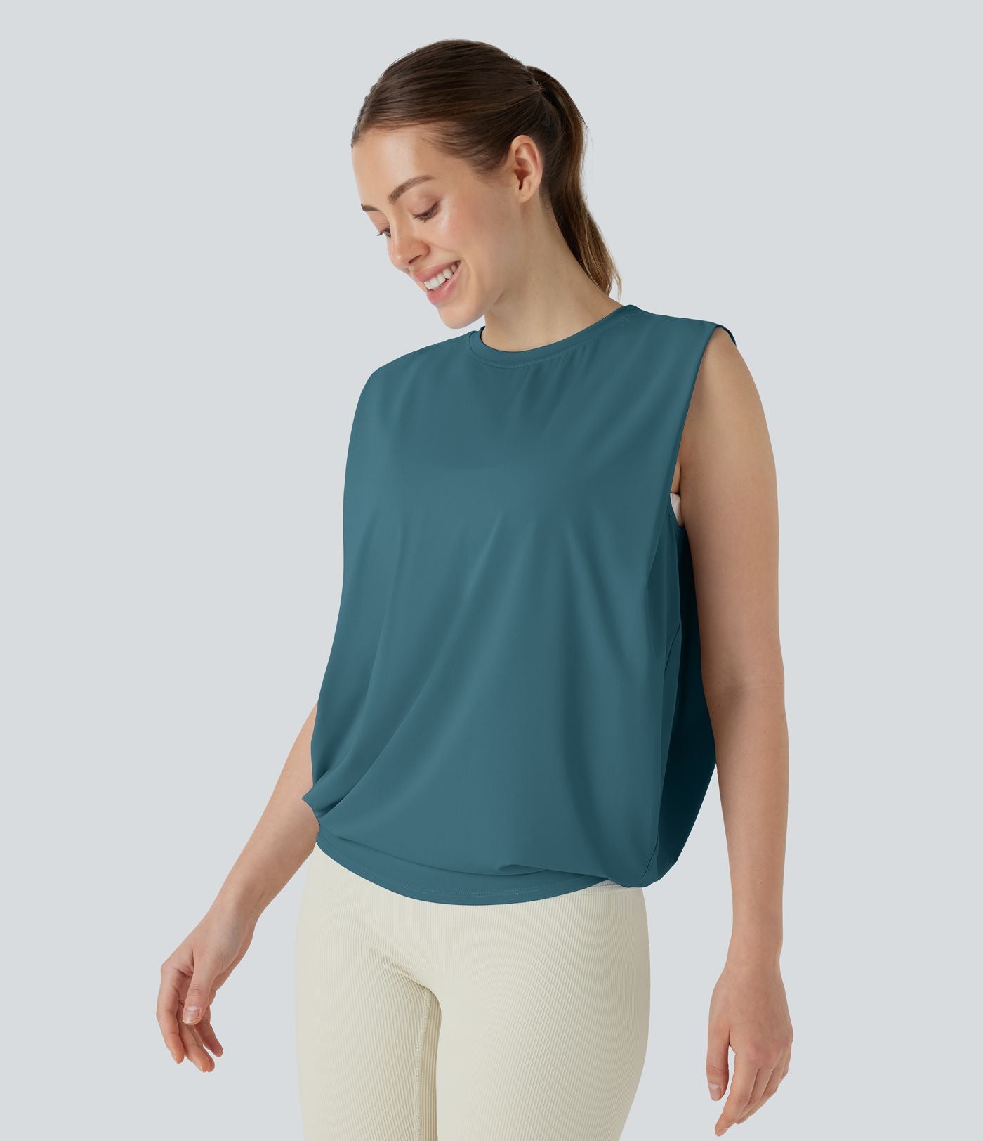 Débardeur de yoga col rond froncé, tissu rafraîchissant - Protection UPF50+