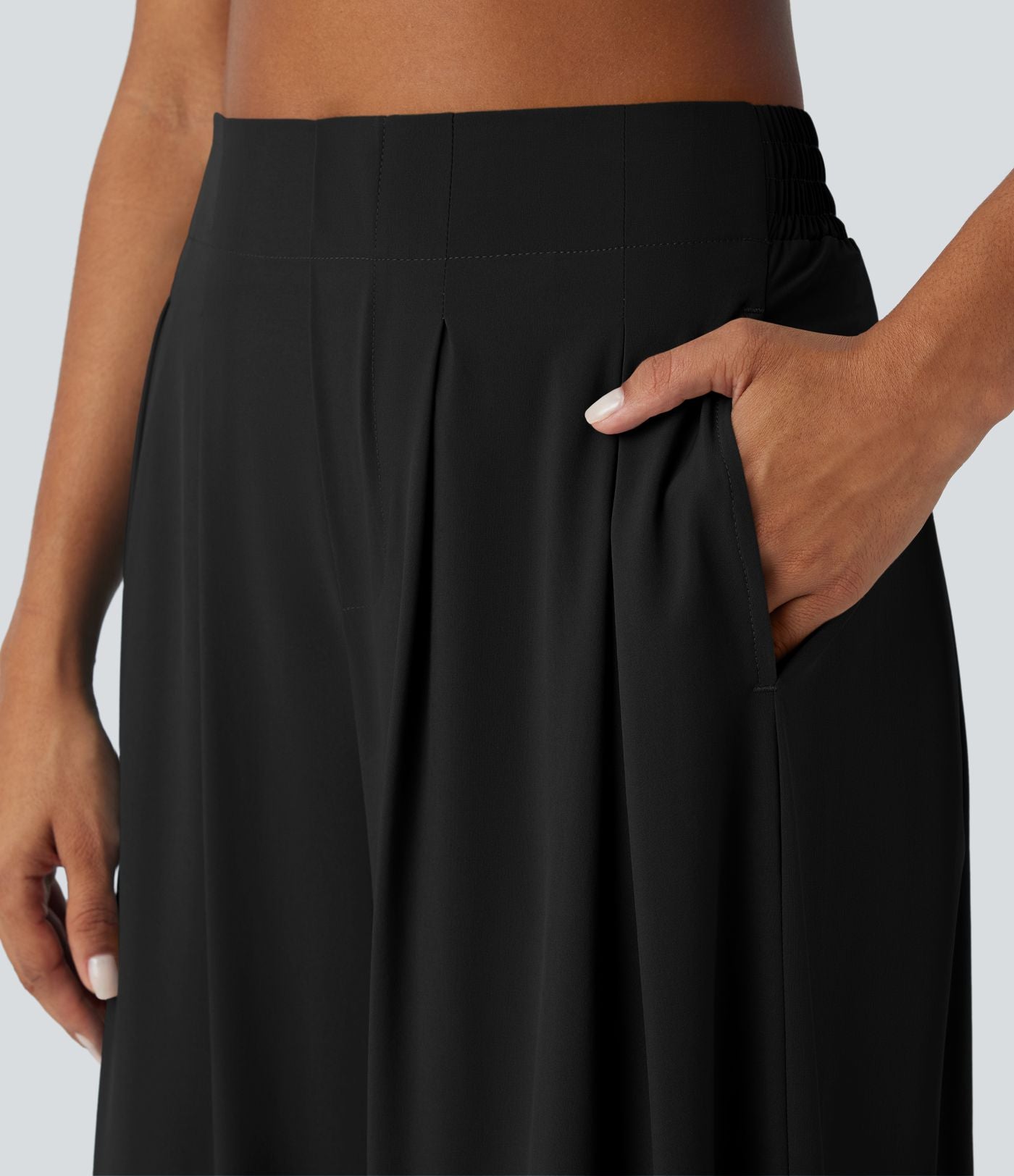 Breezeful™ Pantalon Large Fluide Taille Haute Plis Poches Latérales et Taille Élastique Séchage Rapide