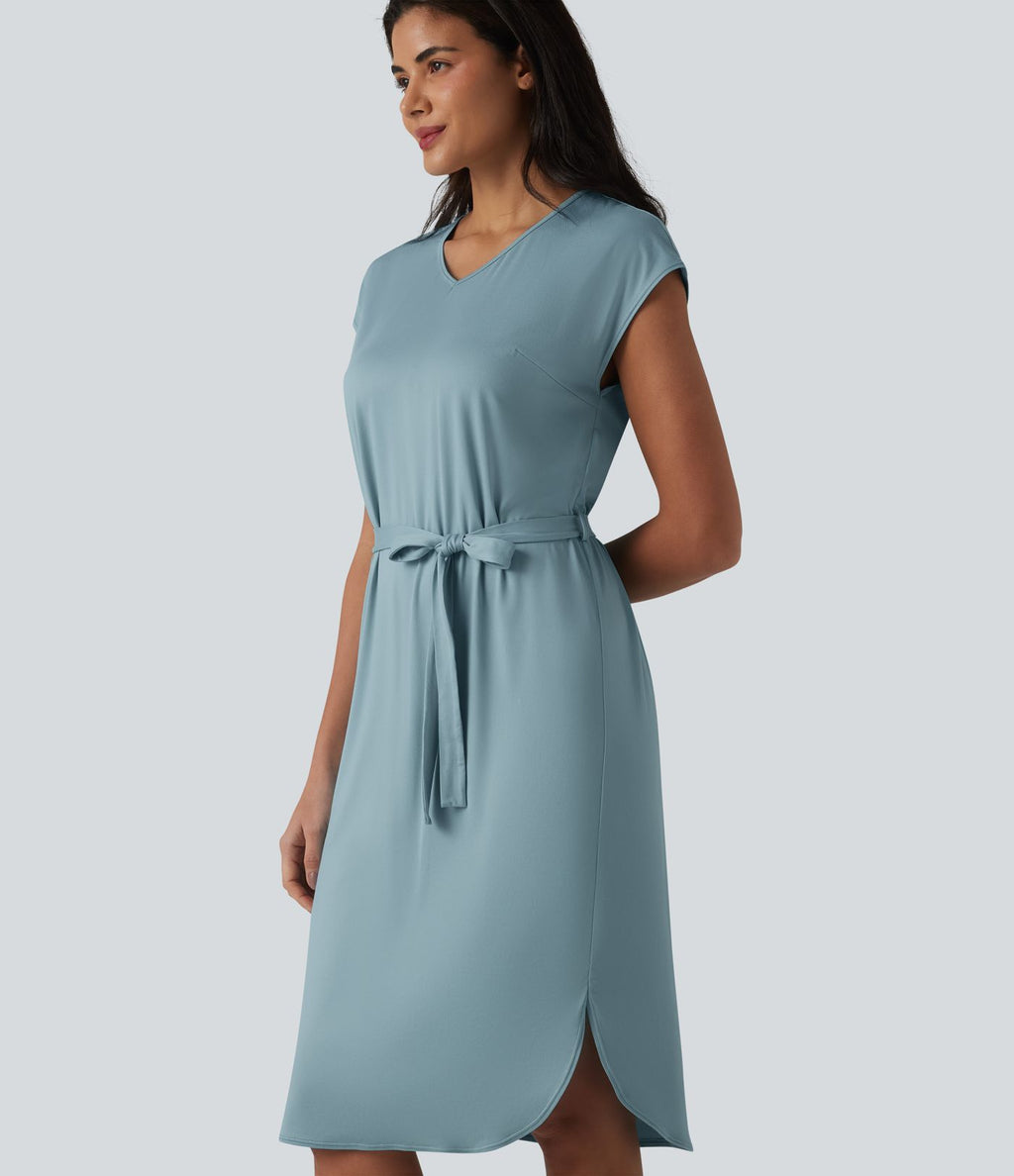 Robe t-shirt casual col V à manches courtes, ceinturée et ourlet arrondi