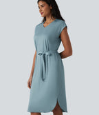 Robe t-shirt casual col V à manches courtes, ceinturée et ourlet arrondi