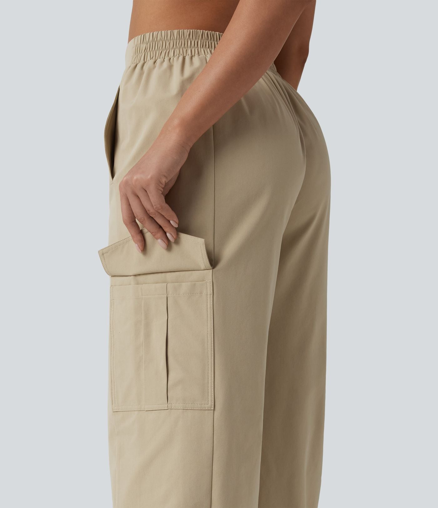 Pantalon cargo décontracté en popeline stretch taille mi-haute, coupe jambe large avec poches