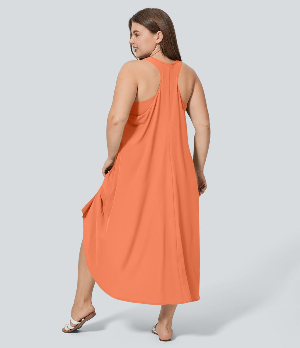 Breezeful™ Dos Nu Racerback Poche Latérale Haut Bas Fluide Midi Séchage Rapide Décontracté Robe Grande Taille