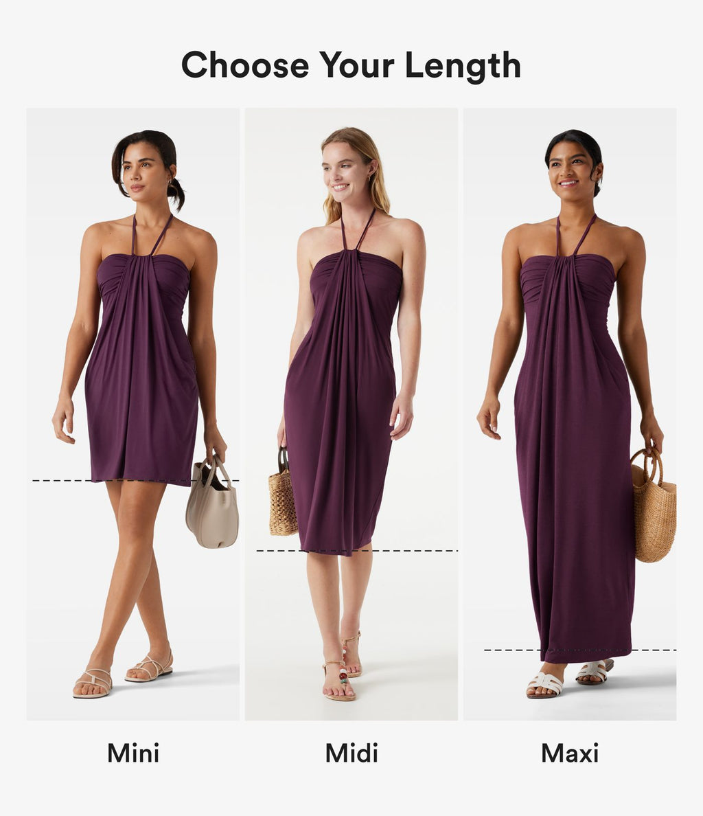 Robe midi dos nu à col halter avec lien noué au dos et poches