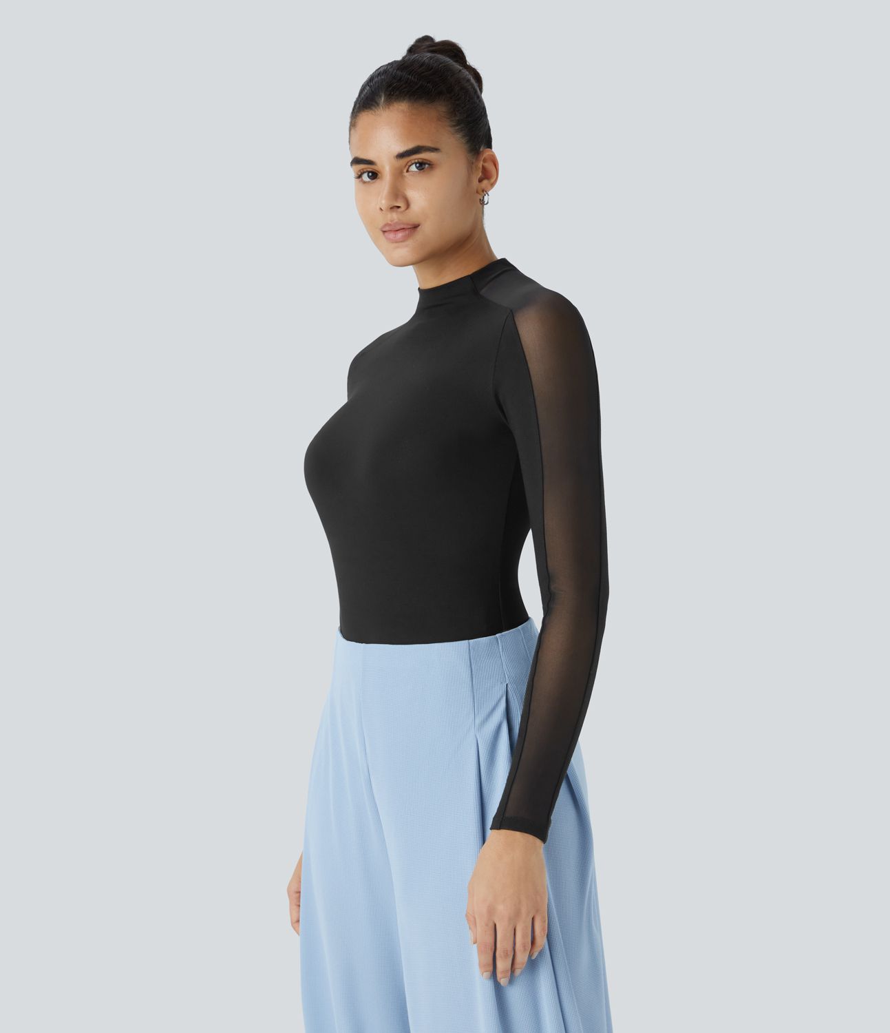 Top de Travail Skinny à Col Montant Manches Raglan Longues Mesh Contrastés