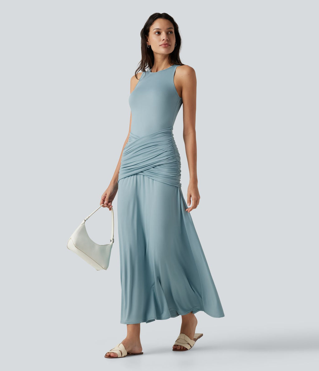Robe maxi casual fluide sans manches col rond avec fronces et taille croisée