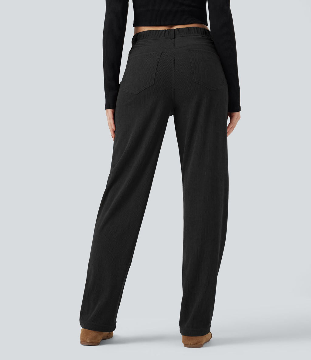 Pantalon décontracté droit en velours côtelé, taille haute, gainant, avec poches