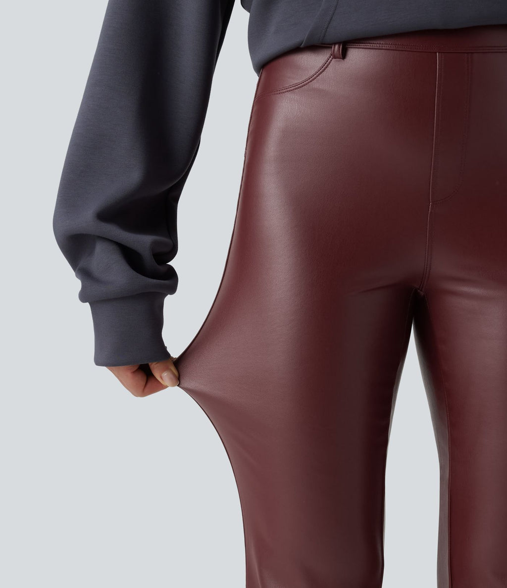 Pantalon évasé décontracté taille haute en tissu enduit doublé polaire extensible avec poches