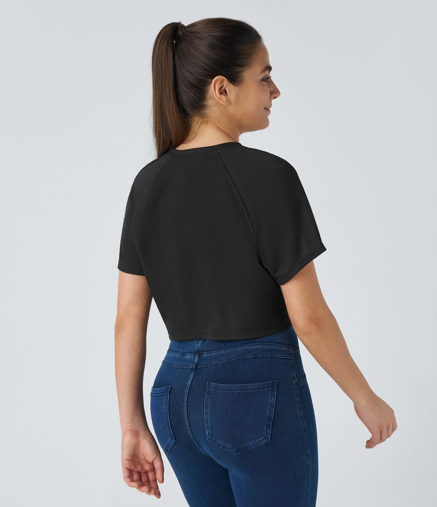 T-shirt Casual Court Tissu Gaufré Uni à Manches Raglan