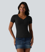 Halara T-shirt décontracté en jersey de coton, col V, manches courtes, brassière intégrée, bonnets B-DD