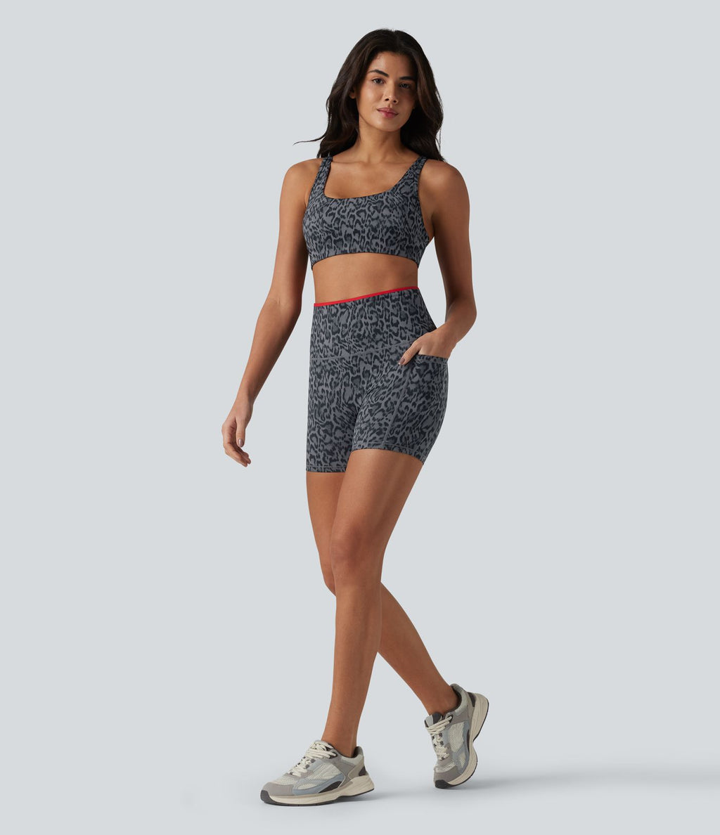 Halara UltraSculpt™ Cycliste d'entraînement 12,5 cm taille haute ventre plat, imprimé léopard colorblock, dos croisé et poches
